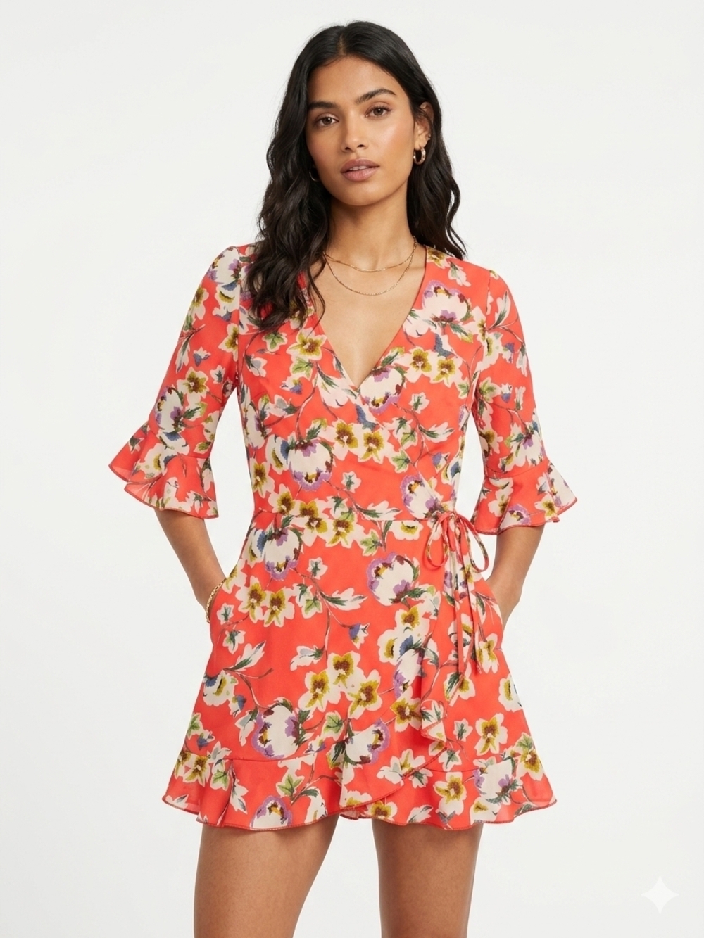 Zara Coral Floral Wrap Mini Romper